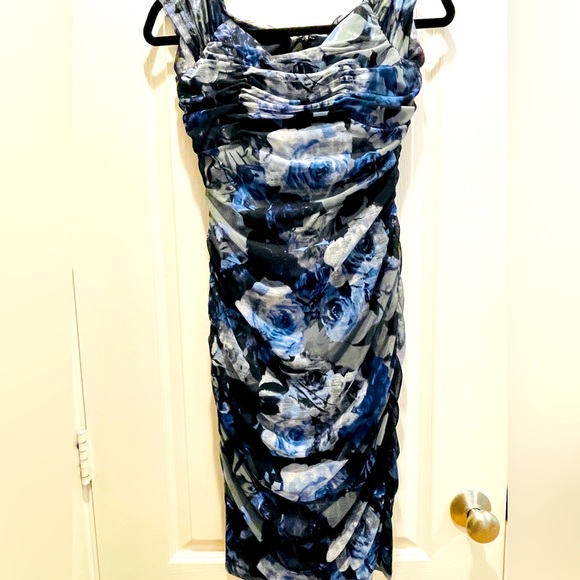 Alex Evenings Blue Floral Ruched Cocktail Dress, Size 4 - Picture 1 of 8
